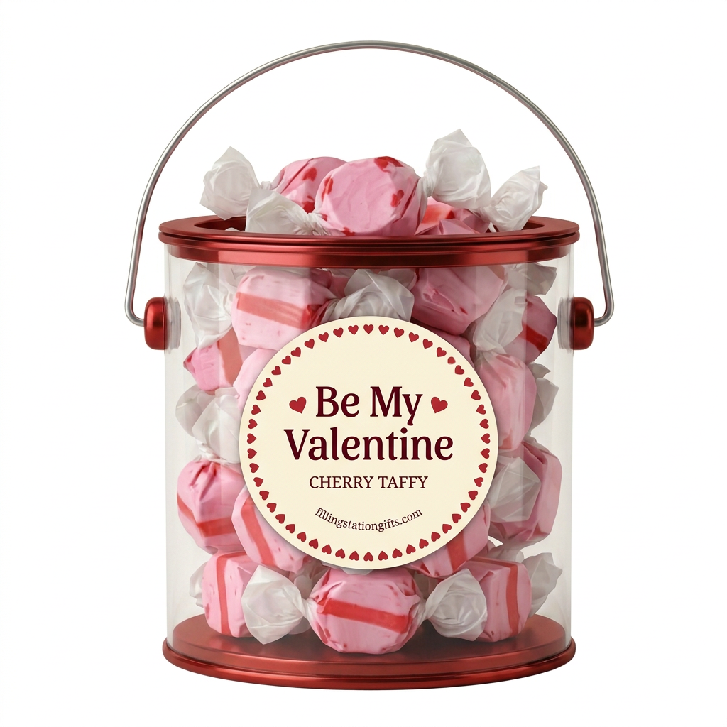 Red bucket filled with Cherry taffy with a Be My Valentine heart-border label on a white background