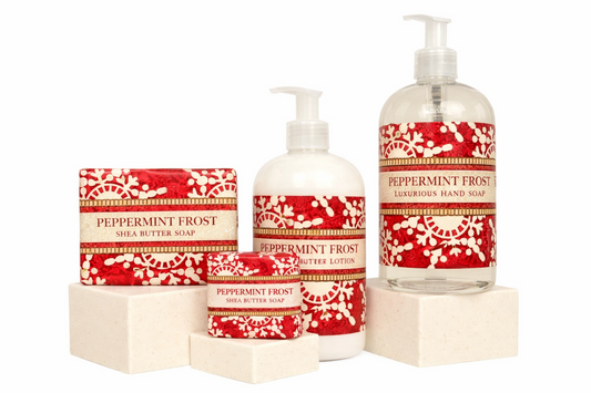 Greenwich Bay Peppermint Frost bar soaps, hand soap and shea butter lotion in red snowflake packaging
