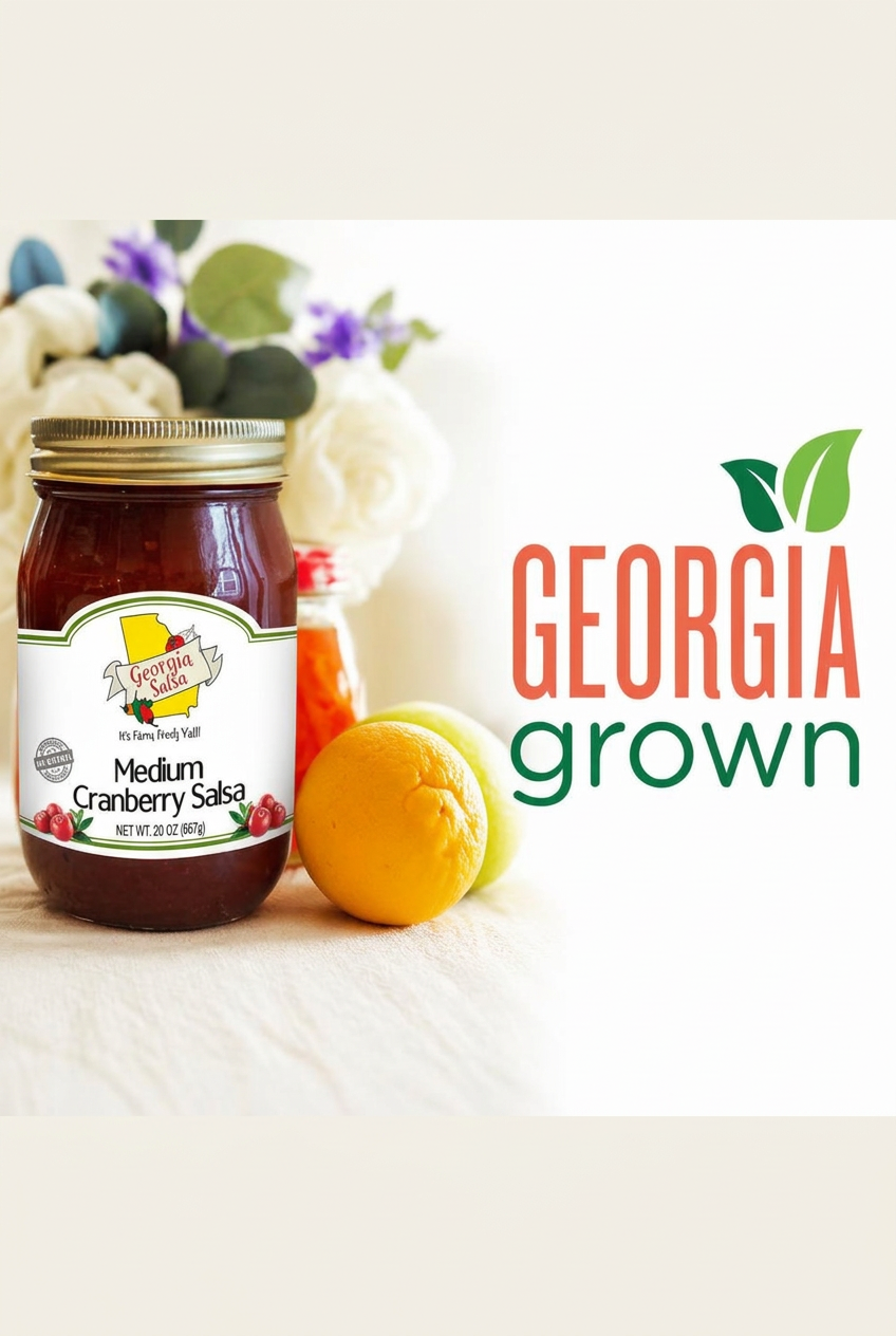 Georgia Salsa Medium Cranberry Salsa jar beside fruit and the Georgia Grown logo
