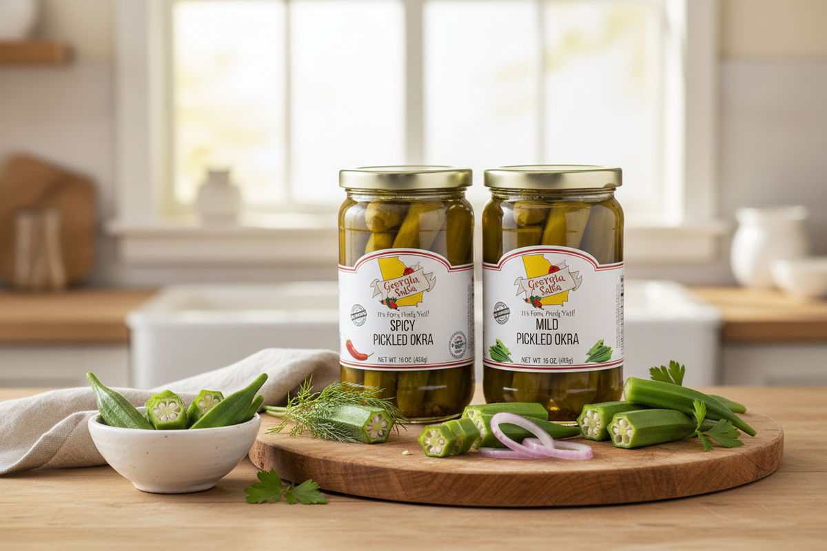 Georgia Salsa spicy and mild pickled okra jars on a wooden board beside fresh okra in a kitchen

