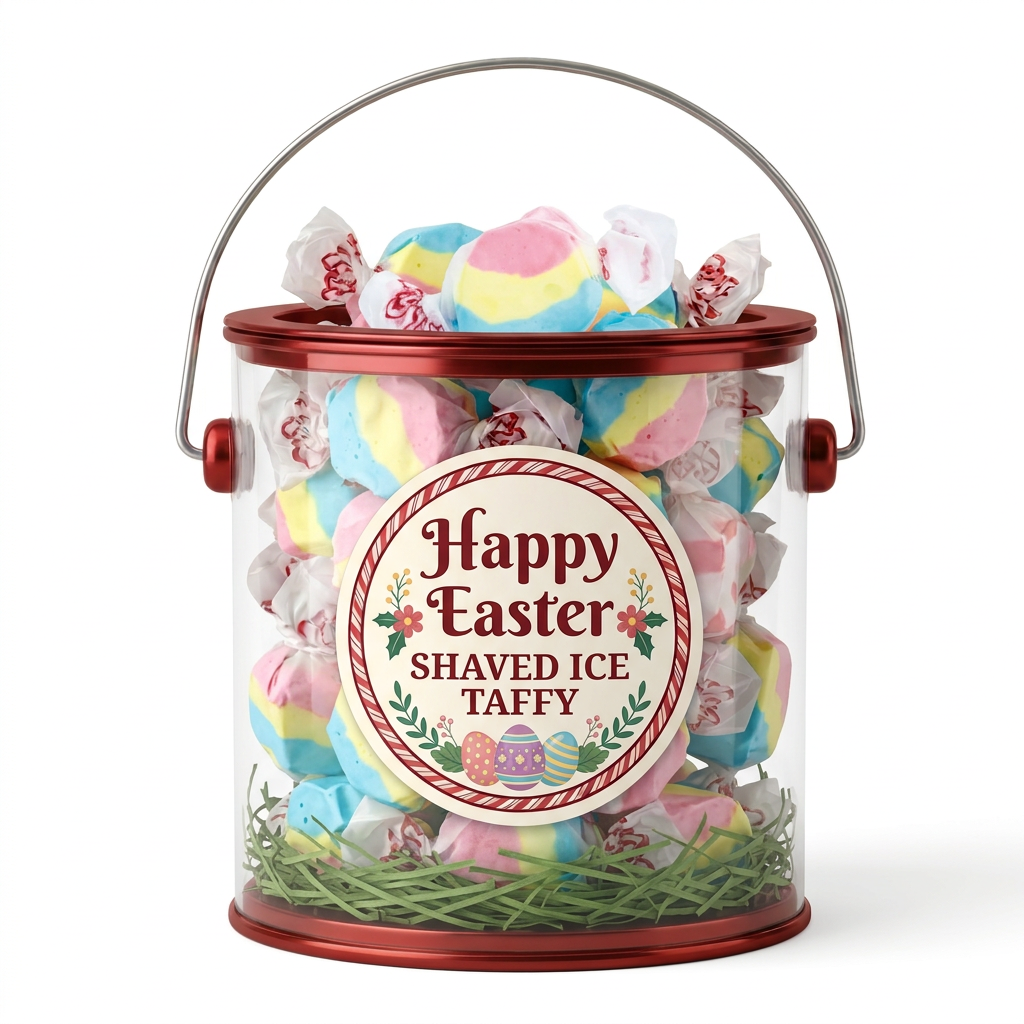 Red Happy Easter gift bucket filled with Shaved Ice taffy above green basket grass on a white background