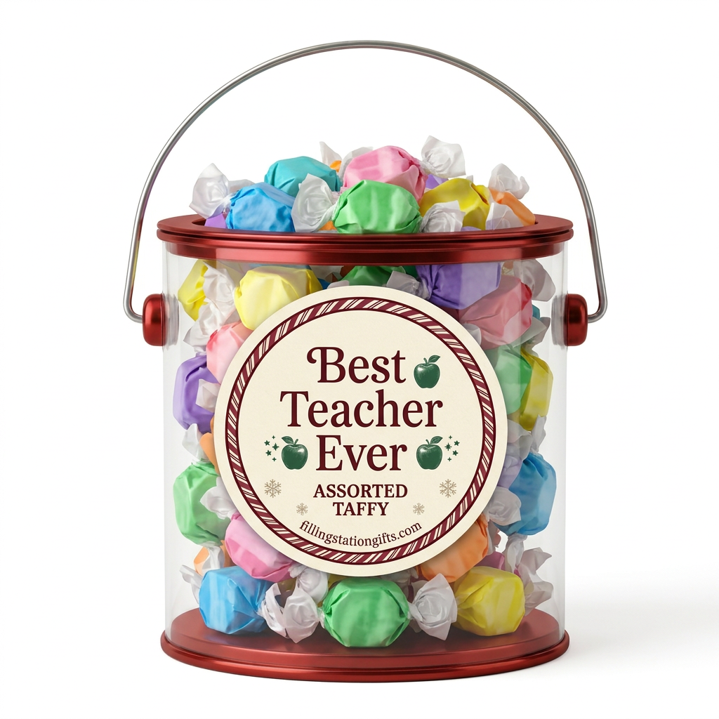 Red Best Teacher Ever gift bucket filled with colorful assorted taffy on a white background