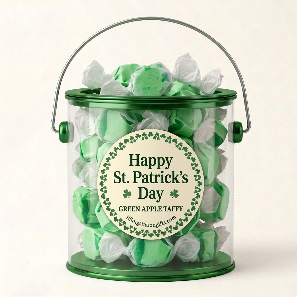 Green gift bucket filled with Green Apple taffy with a St. Patrick's Day clover label