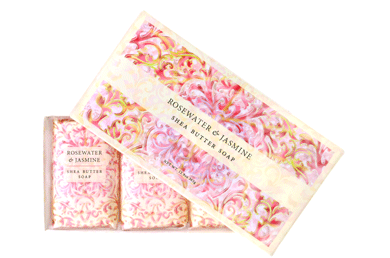Greenwich Bay Rosewater and Jasmine gift box with three individually wrapped soaps