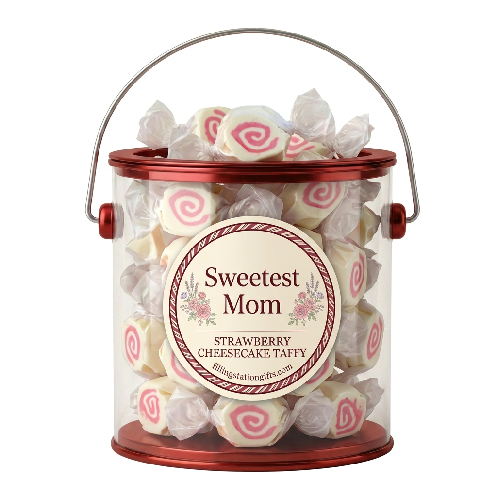 Red Sweetest Mom gift bucket filled with Strawberry Cheesecake taffy on a white background