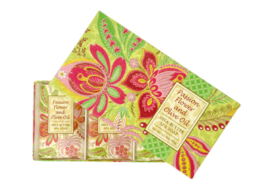 Greenwich Bay Passion Flower Olive Oil gift box with three individually wrapped soaps