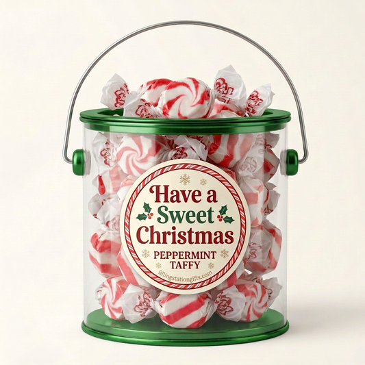 Green Christmas gift bucket filled with wrapped peppermint taffy