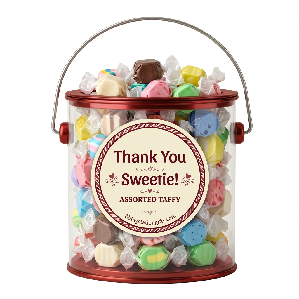 Red Thank You Sweetie gift bucket filled with colorful assorted taffy on a white background