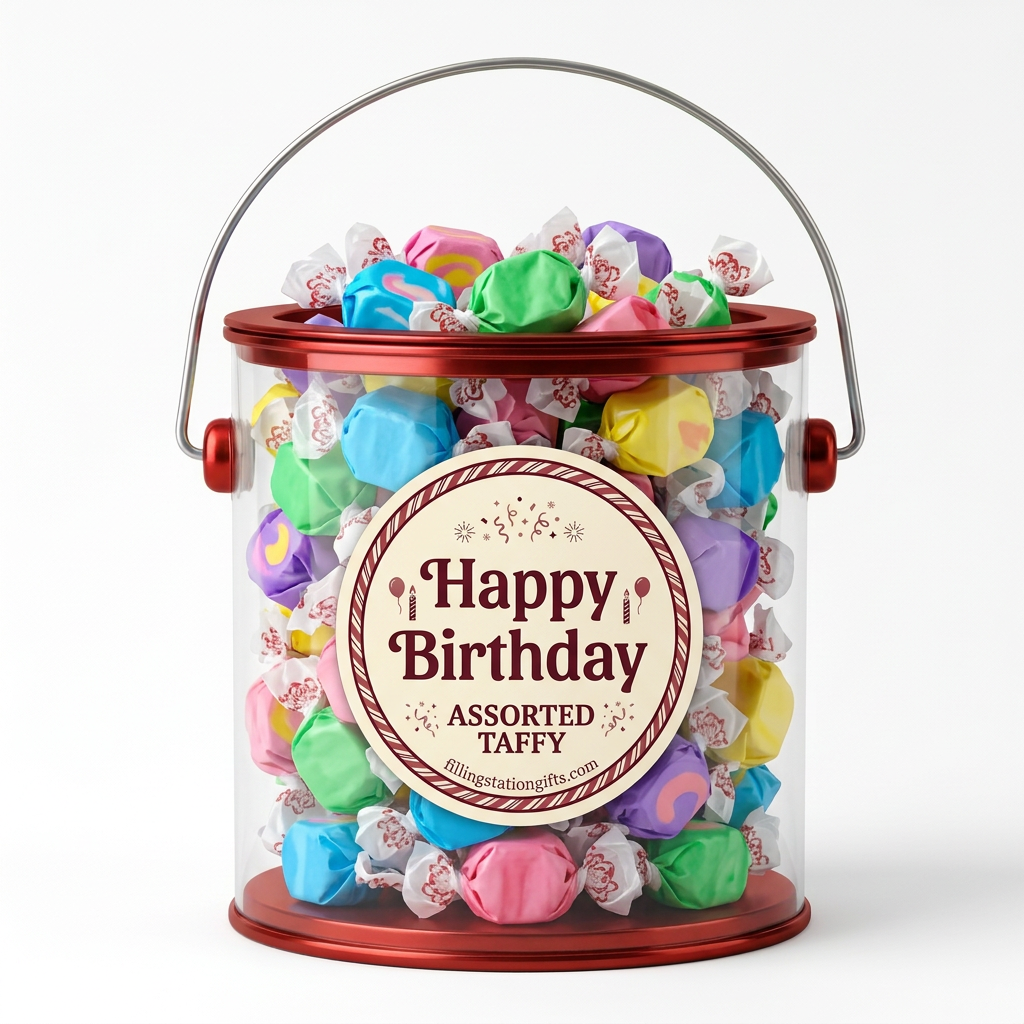 Red Happy Birthday gift bucket filled with assorted taffy on a white background