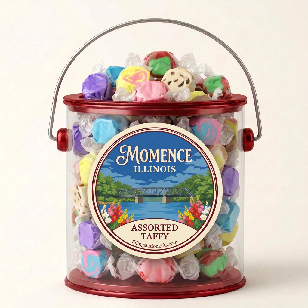 Red Momence Illinois gift bucket filled with assorted taffy on a white background