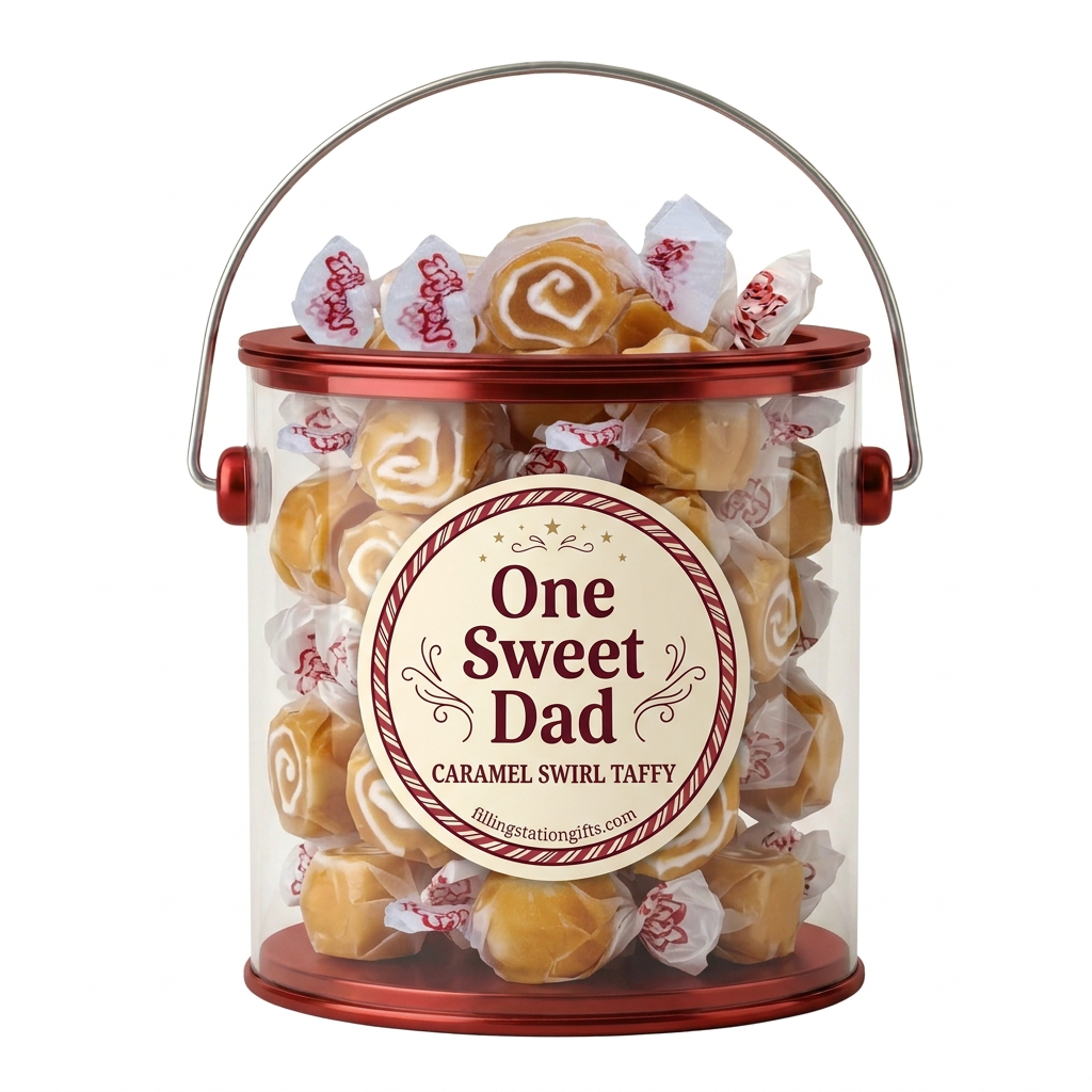 Red One Sweet Dad gift bucket filled with Caramel Swirl taffy on a white background