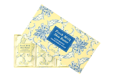Greenwich Bay Fresh Milk Shea Butter gift box with three individually wrapped soaps